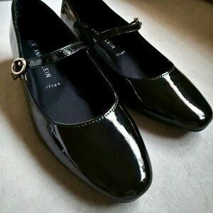 Anne Klein Black Patent Mary Jane Flats with Gold Buckle